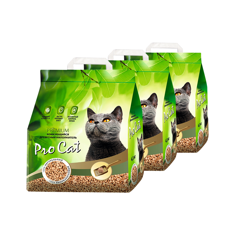 

Комкующийся наполнитель Pro Cat древесный, 3шт по 4,3 л