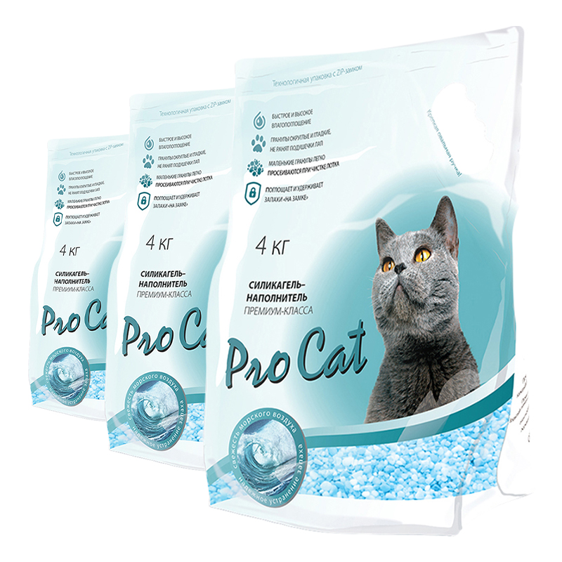 фото Впитывающий наполнитель для кошек pro cat силикагелевый, 4.06 кг, 4 л, 3шт