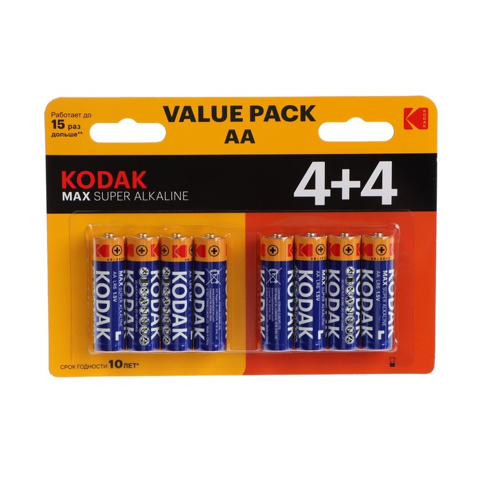 

Kodak Батарейка алкалиновая Kodak Max, AA, LR03-8BL, 1.5В, блистер, 8 шт.
