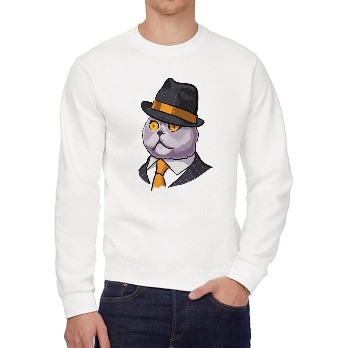 

Свитшот женский CoolPodarok Кот в костюме галстук и шляпа белый 52 RU, 2W015745