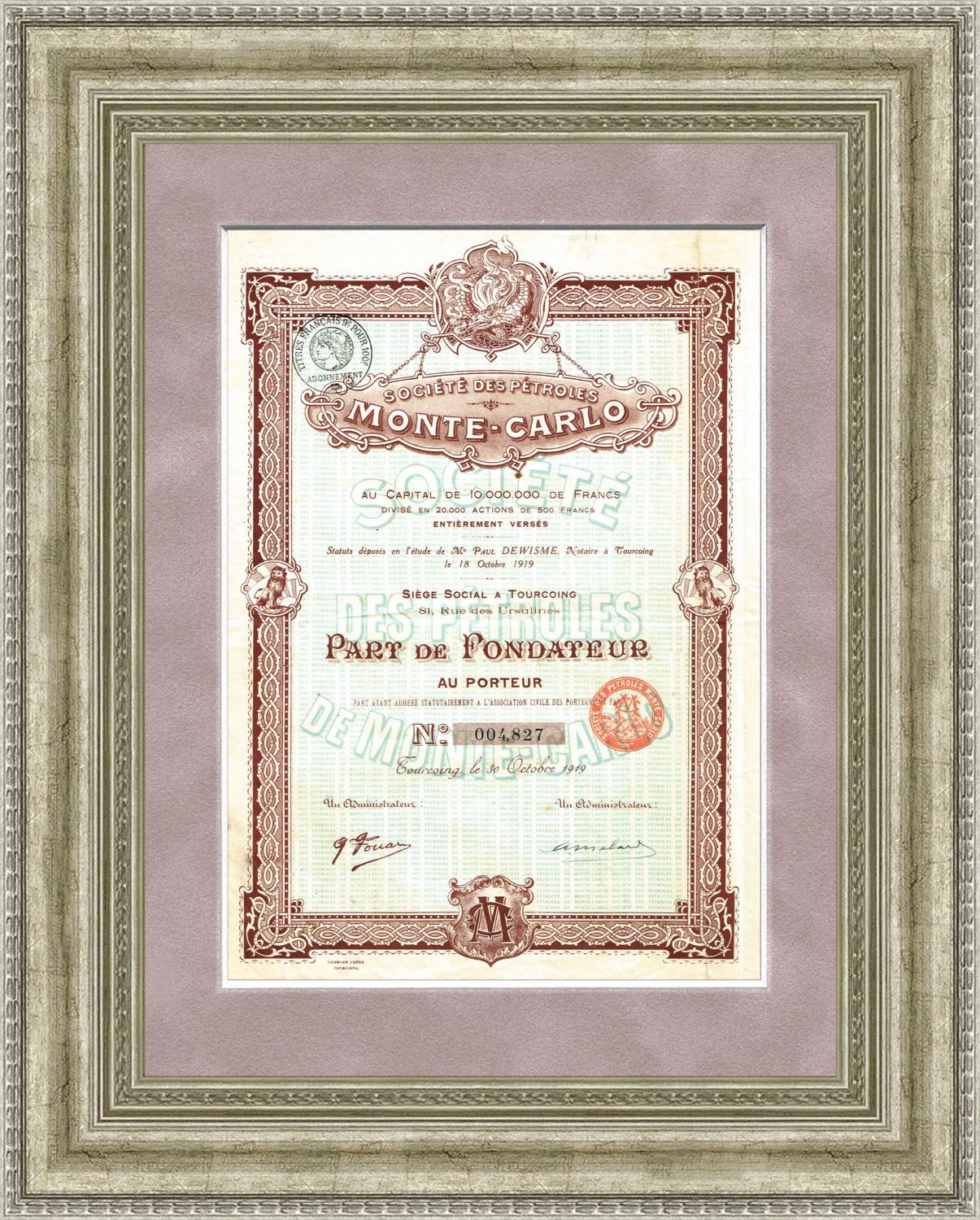 

Учредительская акция нефтяной компании Societe des Petroles Monte-Carlo, Предмет,21582