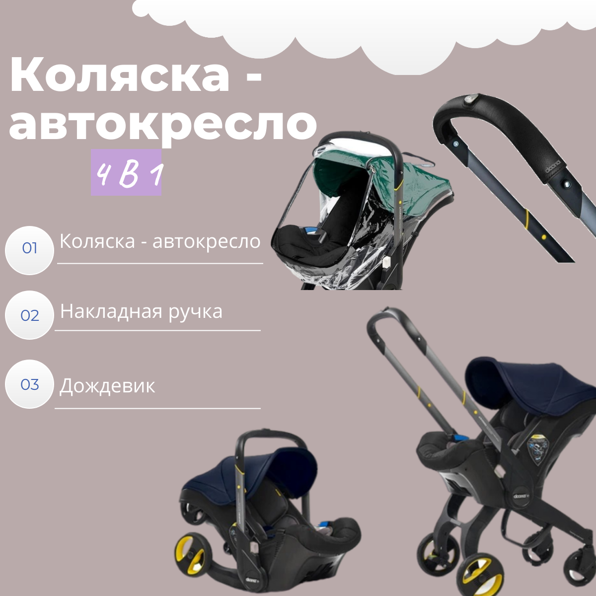 Коляска 3 в 1 автокресло Doona, Royal Blue Накладка на ручку Черная Дождевик прозрачный