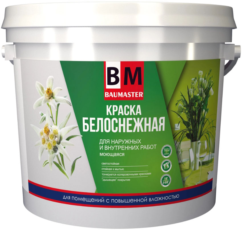 

BAUMASTER Белоснежная краска для наружных и внутренних работ моющаяся ВД-АК-1180 (25кг)