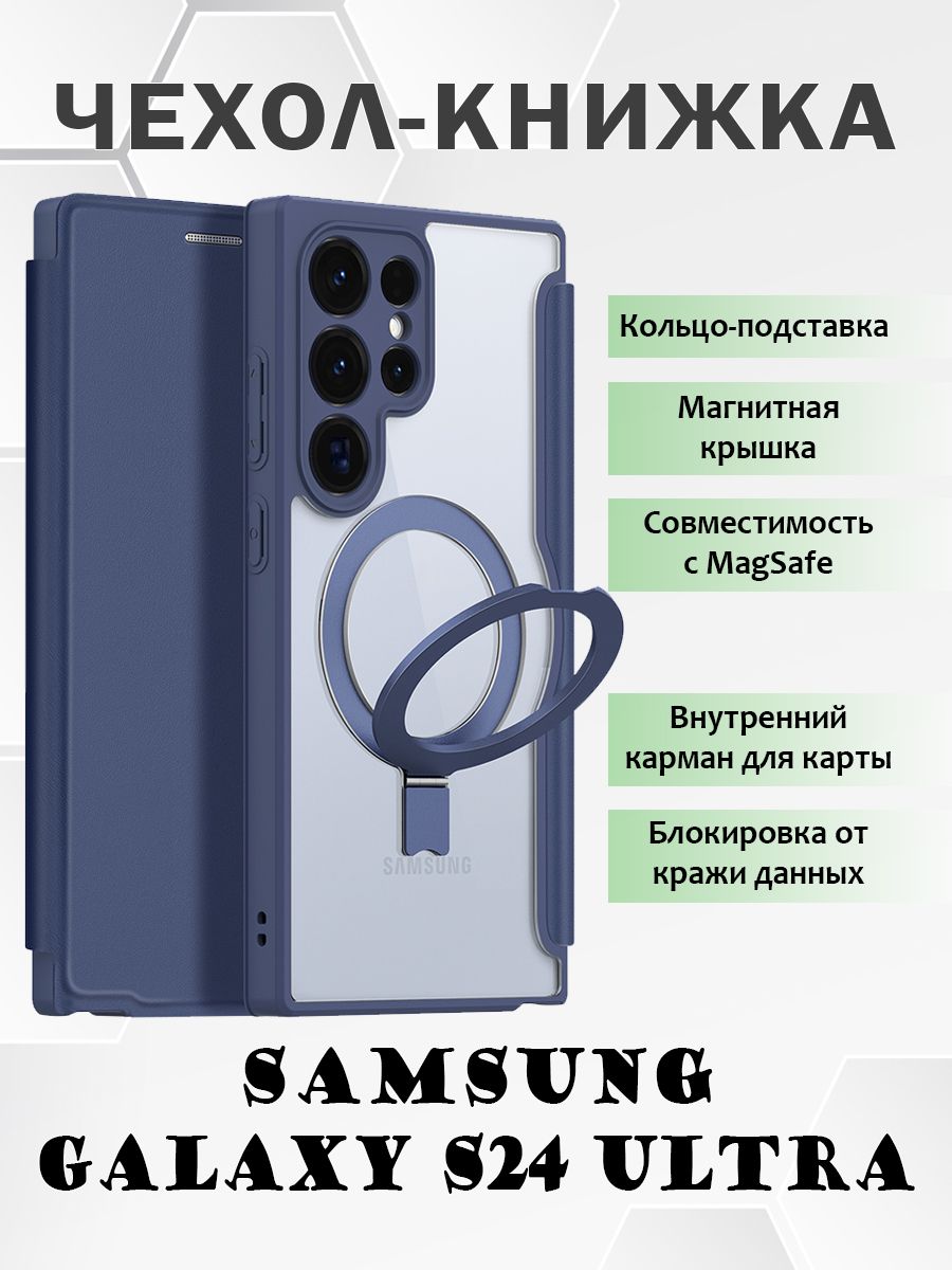 

Чехол книжка Dux Ducis для Samsung Galaxy S24 Ultra, с MagSafe и кольцом-подставкой, синий, Samsung Galaxy S24 Ultra