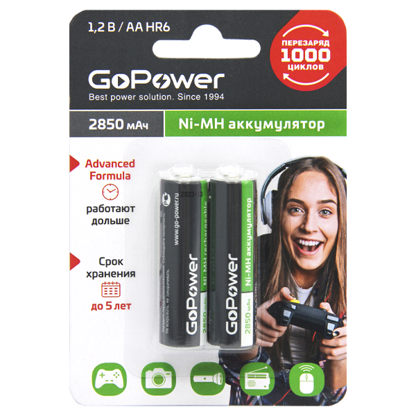 фото Батарейки gopower hr6-2bl aa 2850 mah, 2 шт