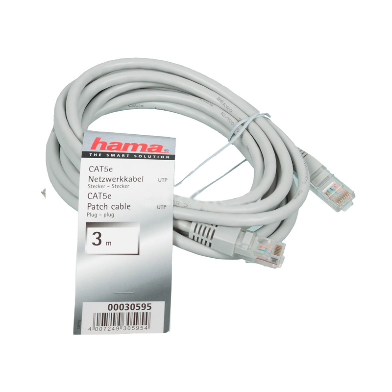 Патч-корд Hama H-30595 8p8c (RJ45) (m-m) CAT5e UTP 3.0 м 1000 Мбит/с серый