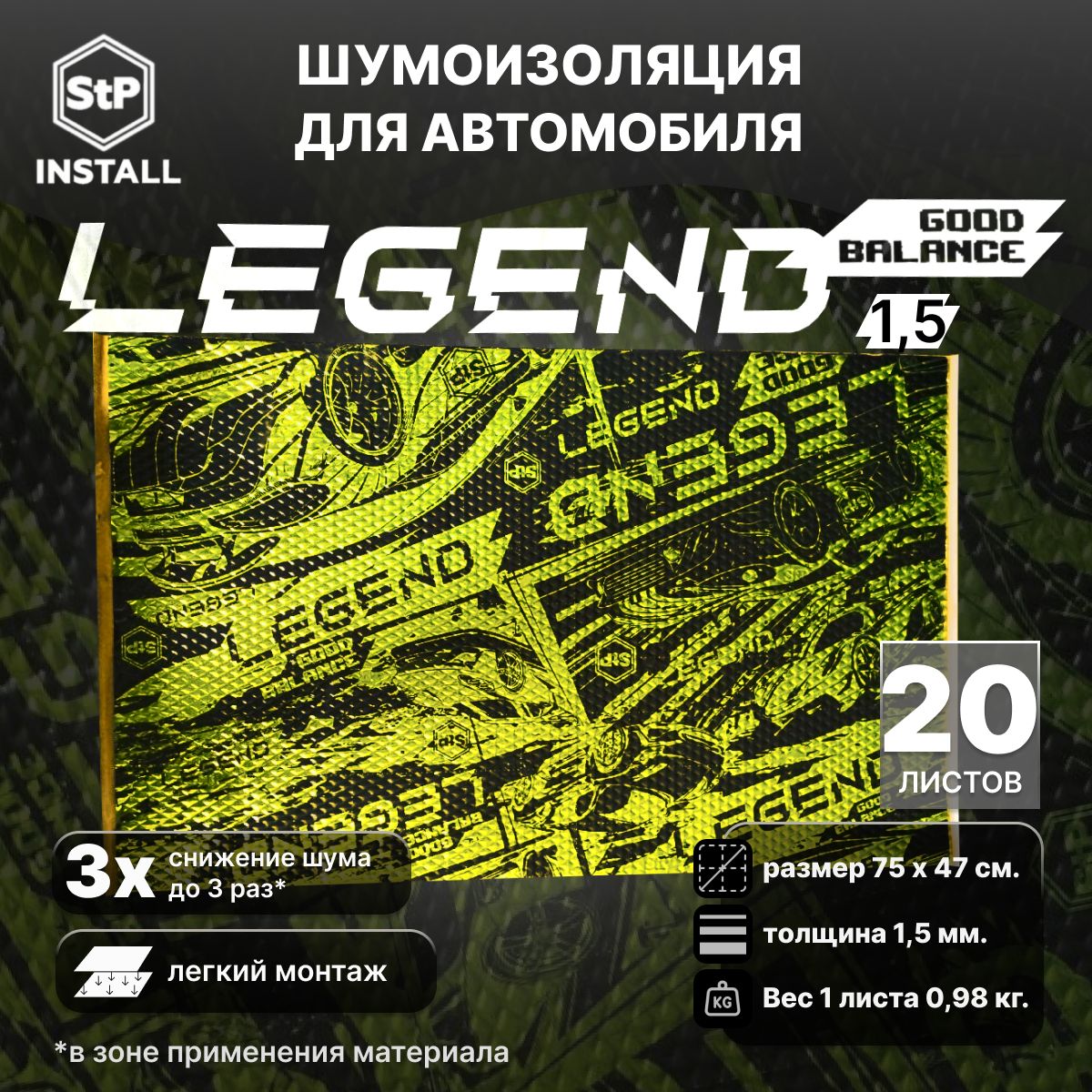 Вибродемпфирующий материал StP Legend 15 075х047 м 1 уп 20 листов 7 мкв 13000₽