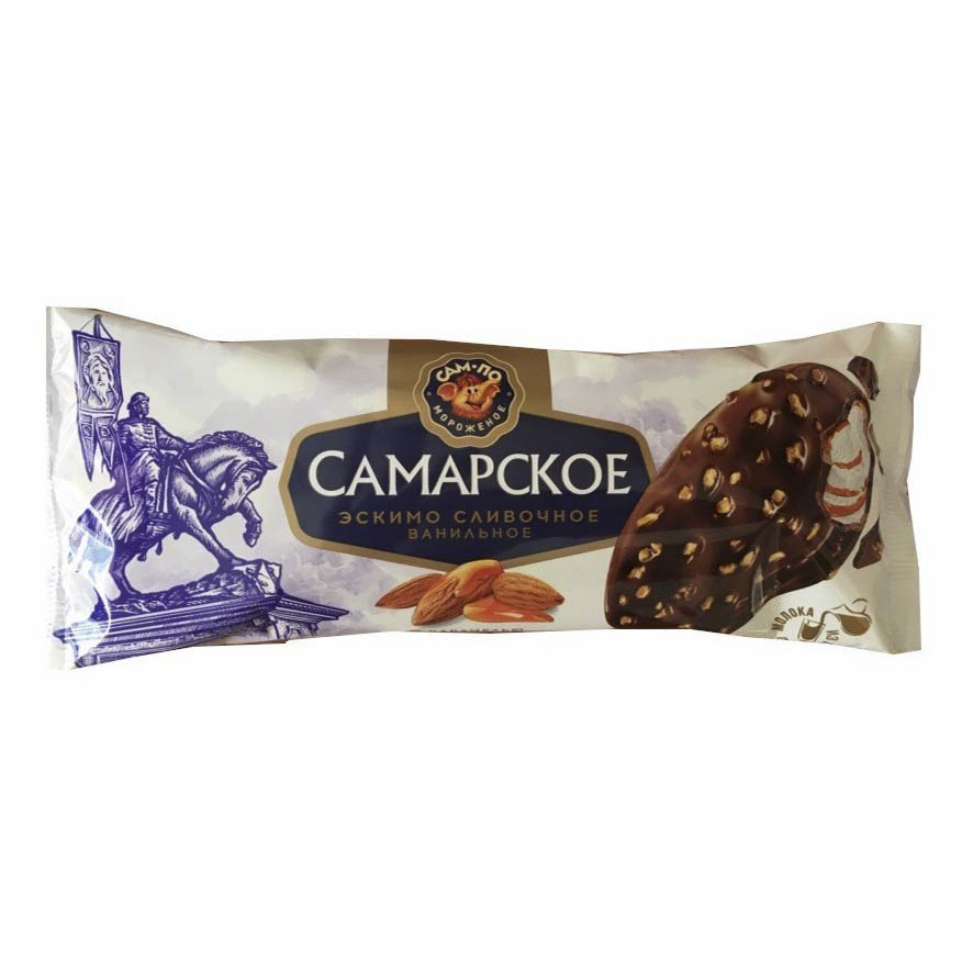 

Мороженое сливочное Сам-По Самарское ванильное с карамелью в шок.глазури с миндалем 80 г