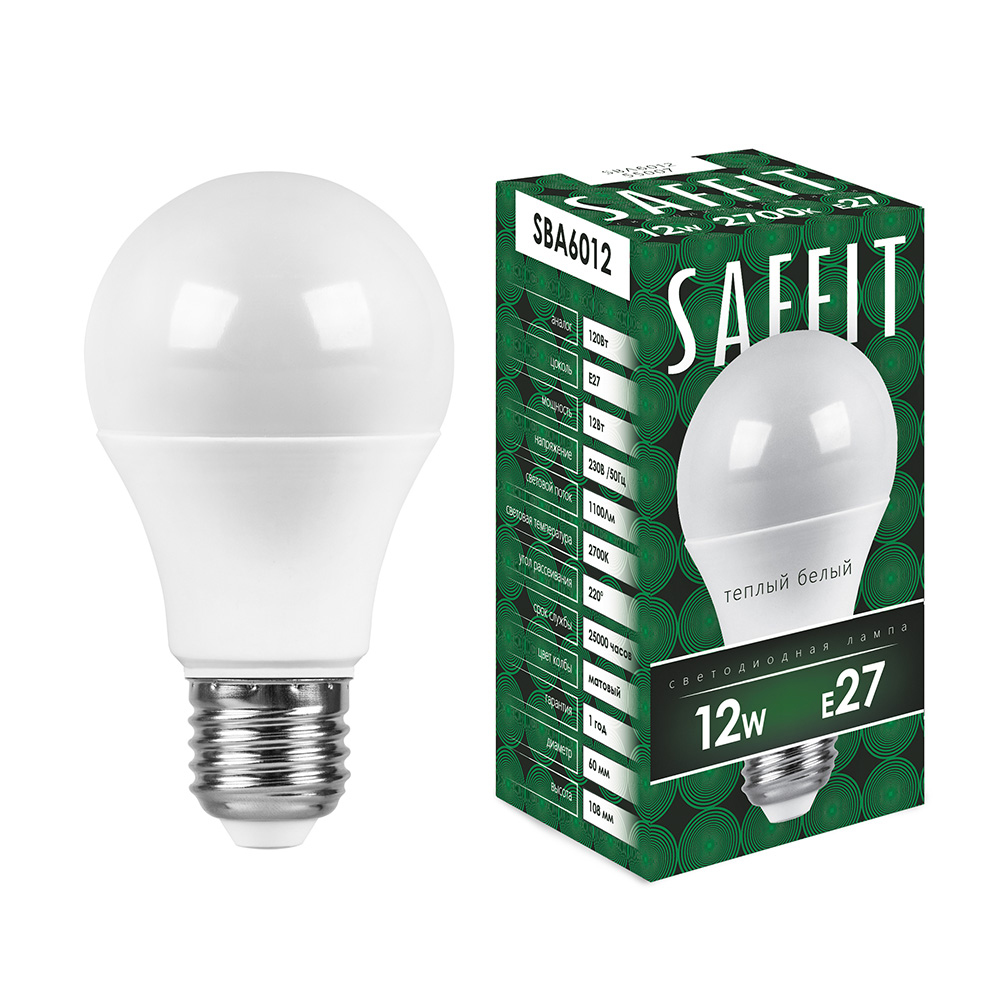 

Лампочка светодиодная Saffit SBA6012, 12Вт E27 230V белый теплый, упаковка 10 шт., 55007, SBA6012