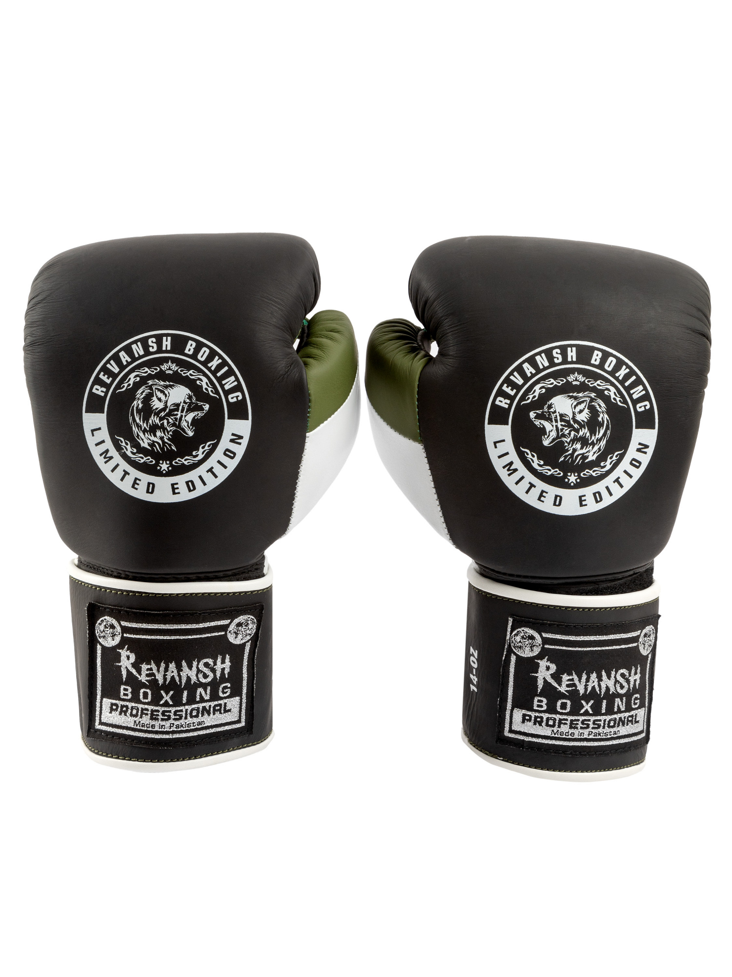 Боксерские перчатки REVANSH, черно-зеленый-белый, натуральна 14 oz