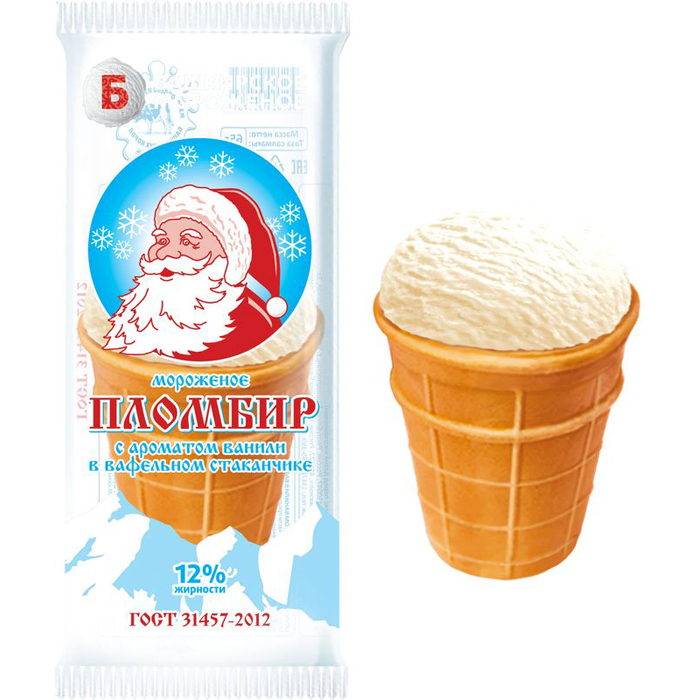 фото Мороженое башкирское мороженое ванильный пломбир, вафельный стаканчик, 12%, 65 г
