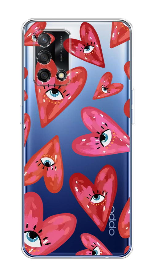 

Чехол на OPPO A74 4G/F19 "Сердечки с глазами", Коричневый;красный;розовый, 256050-1