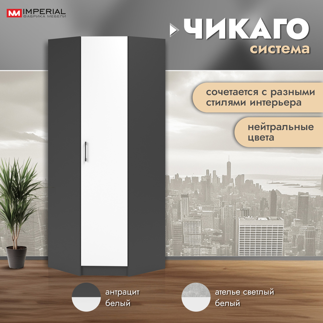 

Шкаф распашной Империал Чикаго угловой белый/антрацит 74,5х74,5х205 см, Белый;серый, Чикаго