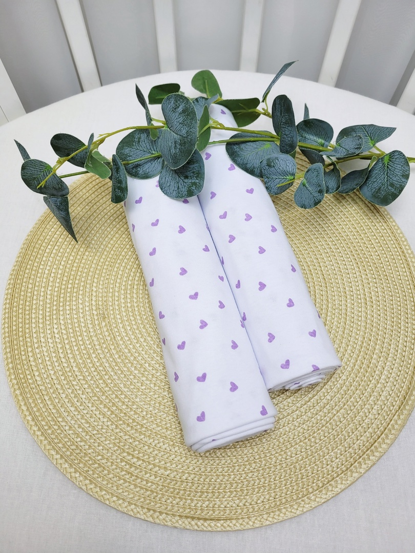 Набор пелёнок из кулирки Сиреневые сердечки на белом 2шт 90*100см