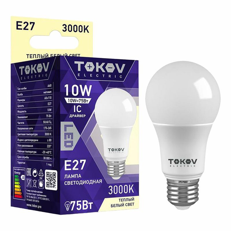 

Лампа светодиодная Tokov Electric А60 10 Вт 3000К Е27 176-264В груша