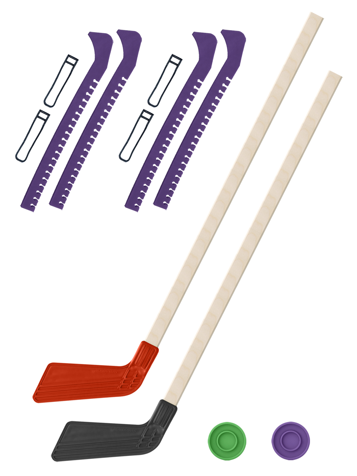 Хоккейный набор Задира-плюс клюшка детская(крас+чер)2шт+2 шайбы+чехлы для коньков фиол 2шт