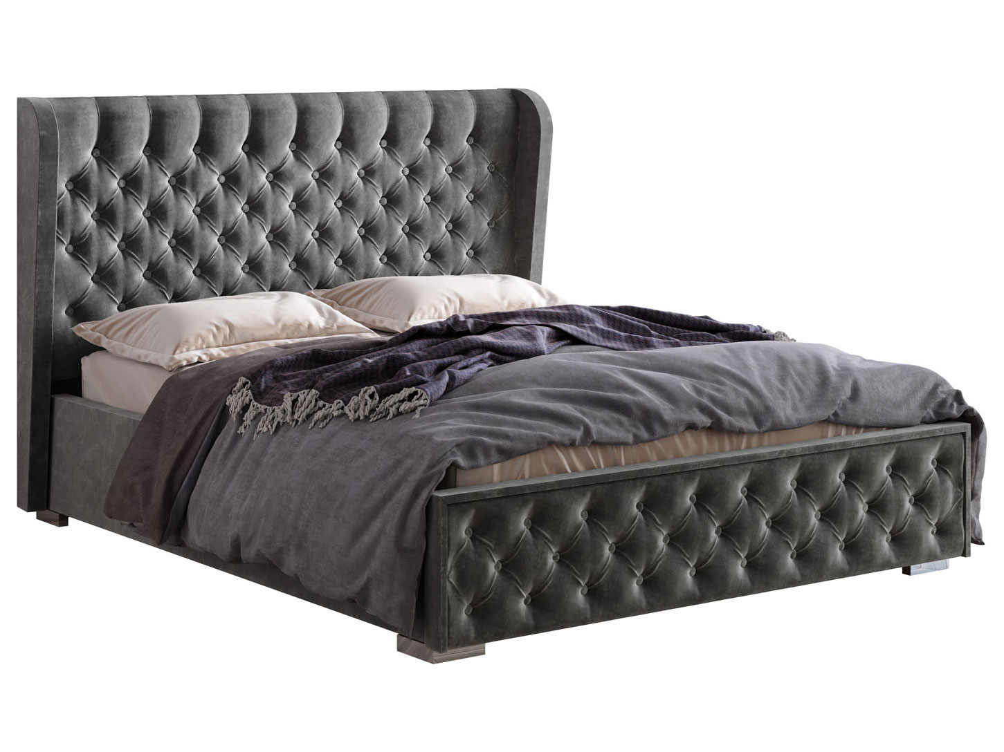 фото Двуспальная кровать франческа люкс пм графит, велюр, 160х200 см, с дном короба для белья мебелони