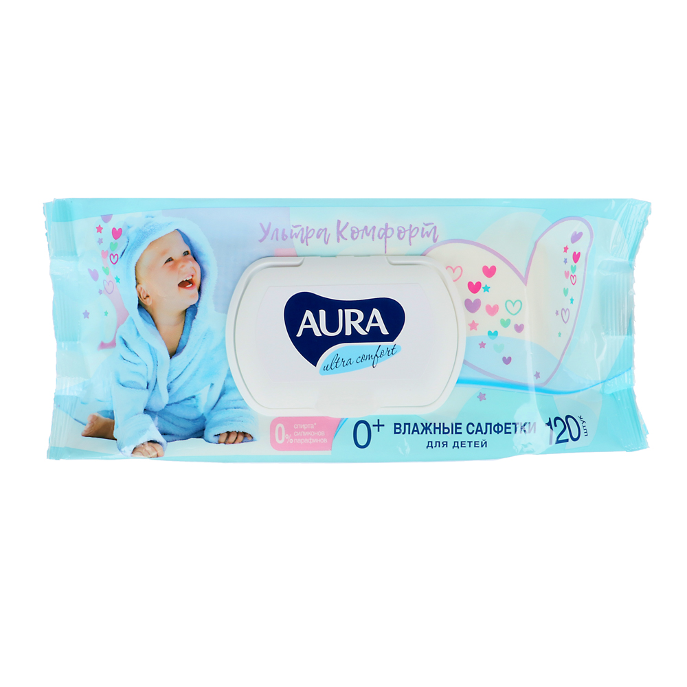 Влажные салфетки AURA ULTRA COMFORT с экстрактом алоэ и витам Е, 12 уп по 120 шт