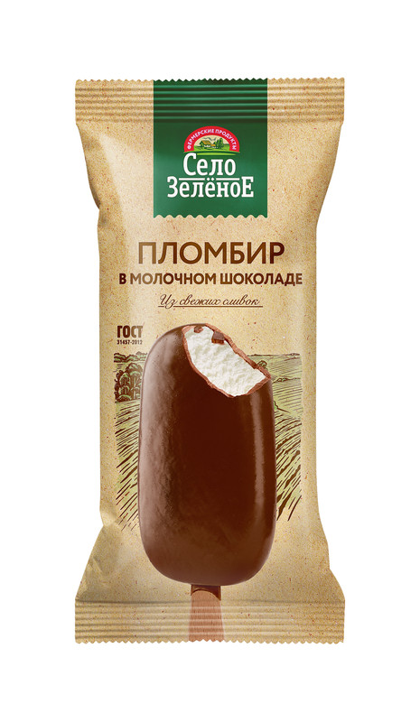 Мороженое Село Зелёное эскимо, ванильный пломбир, в молочном шоколаде, 15%, 80 г