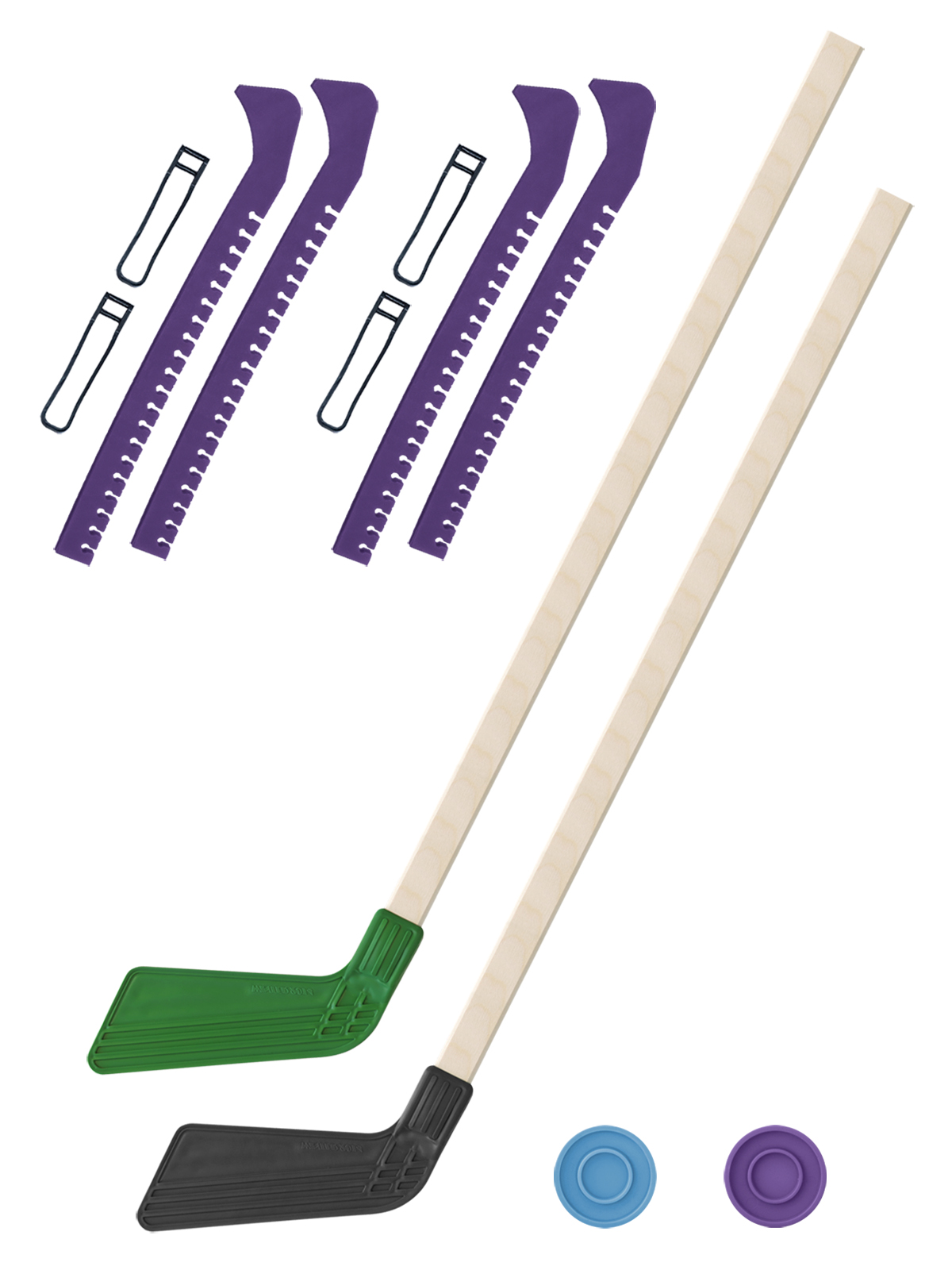 фото Клюшка хоккейная задира-плюс 2 шт зел. и чер.+2 шайбы + чехлы для коньков фиолетовые 2 шт.