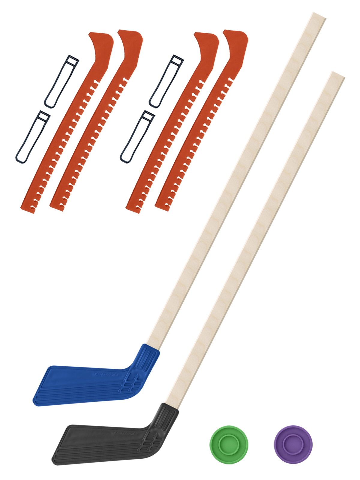 Хоккейный набор Задира-плюс клюшка детская(син+чер)2шт+2шайбы+чехлы для коньков оранж 2шт