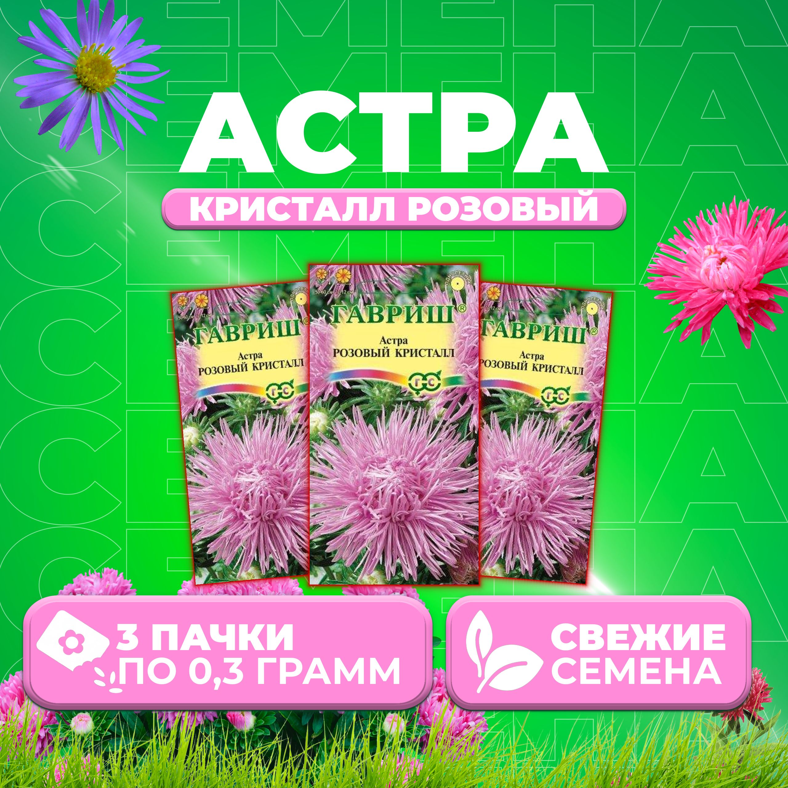 

Семена Астра Кристалл розовый, игольчатая, 0,3г, Гавриш, Цветочная коллекция 3 уп
