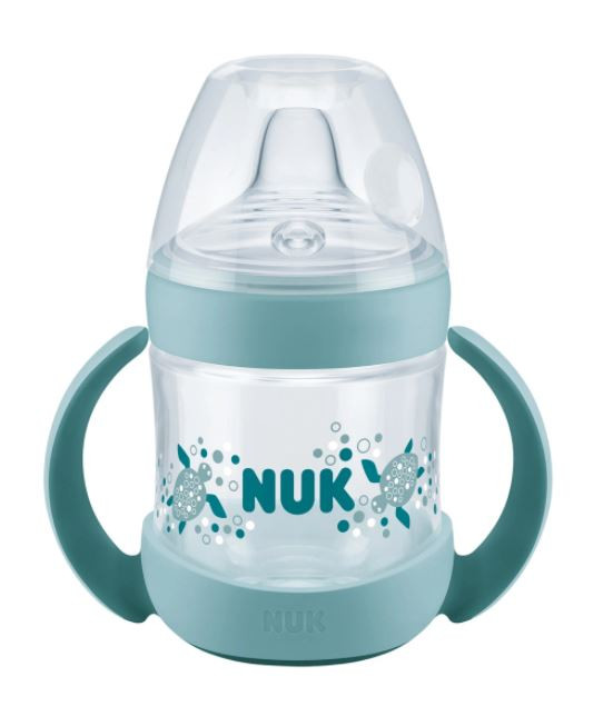 

Обучающая бутылочка NUK Nature Sense с насадкой из силикона и ручками зелёная 150 мл.