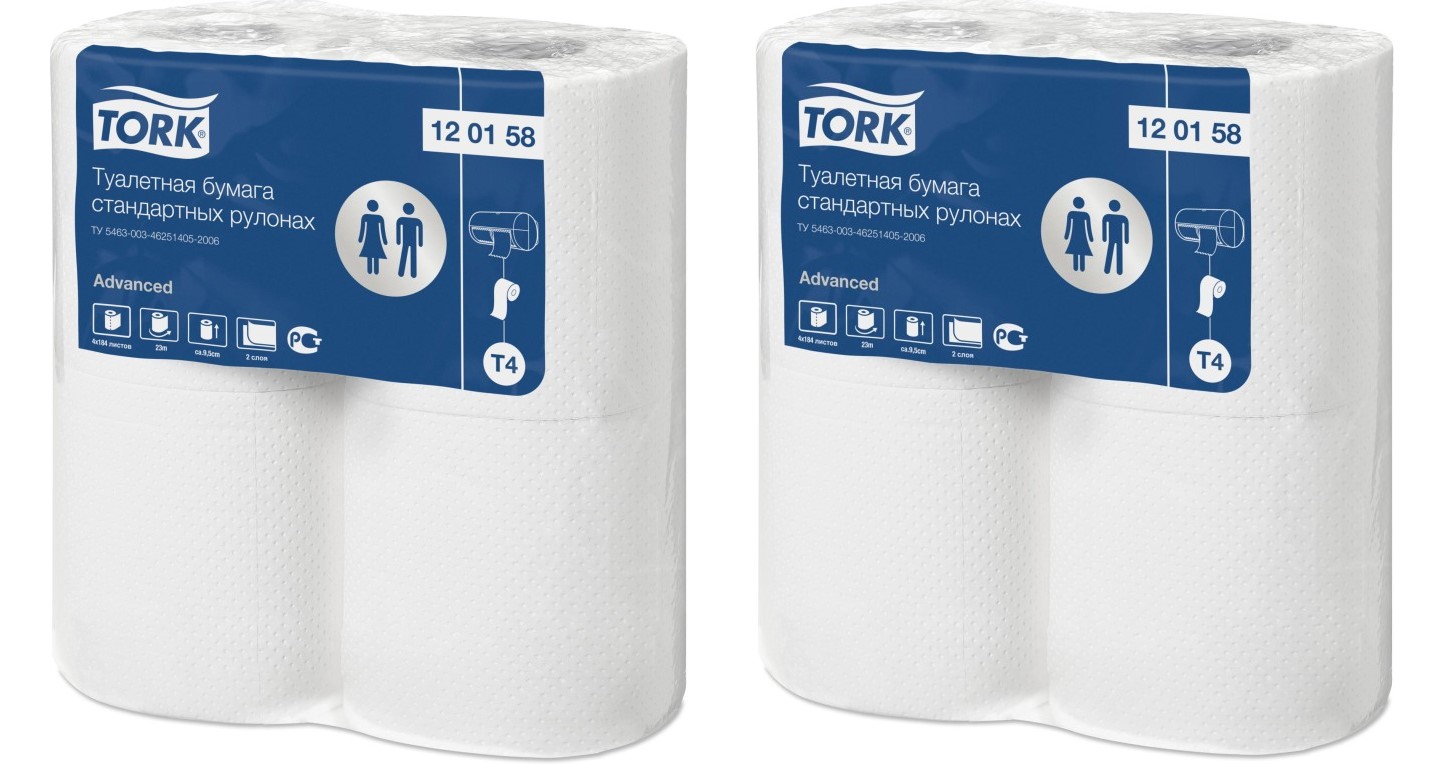 Бумага туалетная Tork T4 2сл бел вторич 23м 184л 4рул/уп 24уп/блок 120158, (2шт.)
