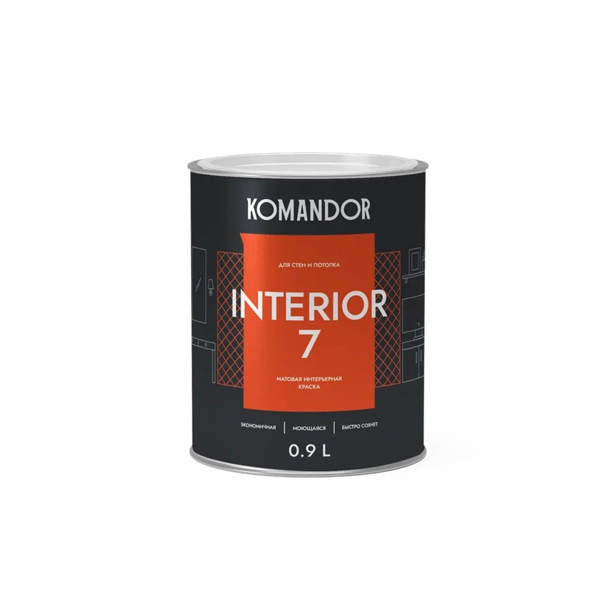 Краска для стен и потолков Komandor Interior 7 матовая база А белая 0,9 л