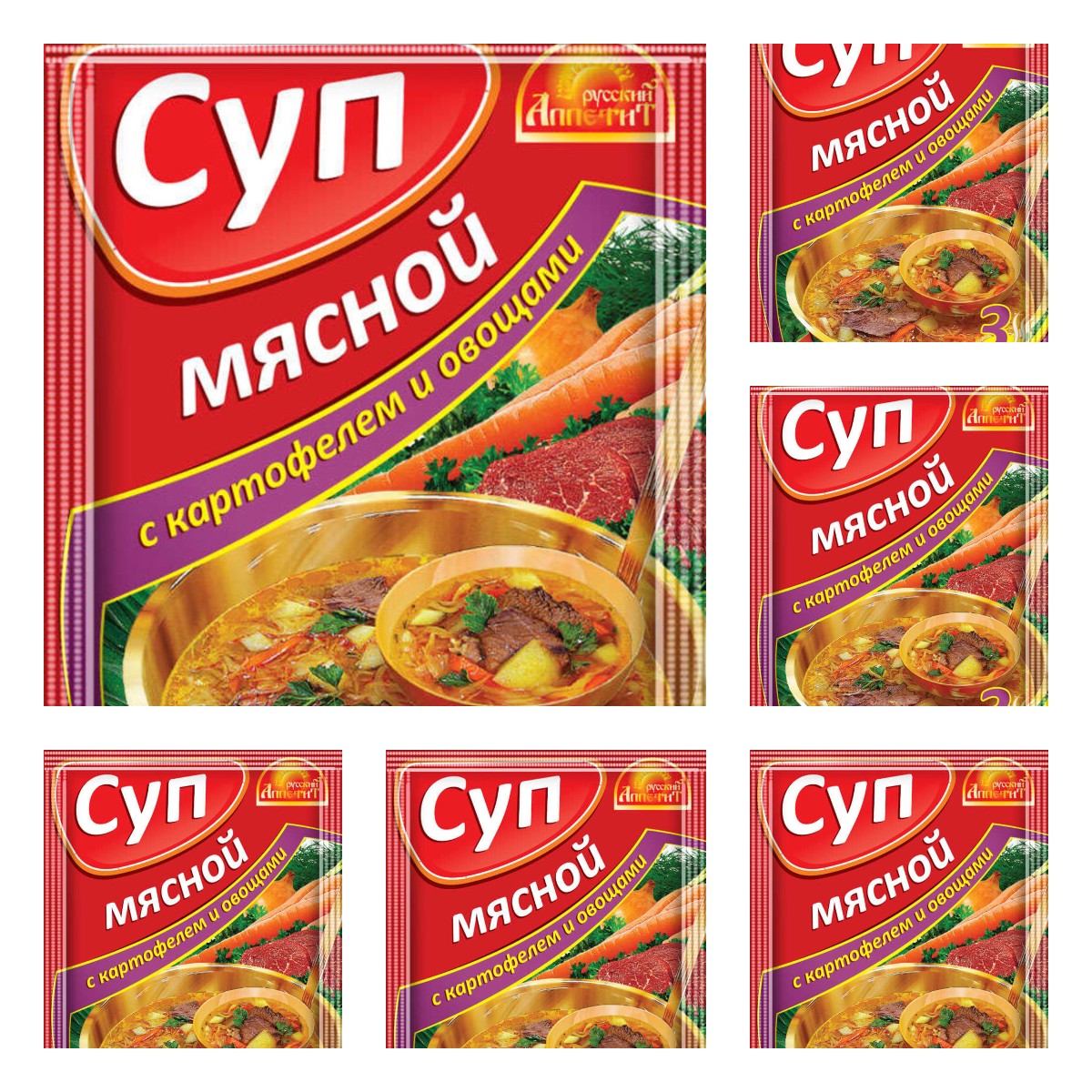 

Суп Русский Аппетит мясной с картофелем и овощами, 50 г х 6 шт, мясной с картофелем и овощами, 50 г