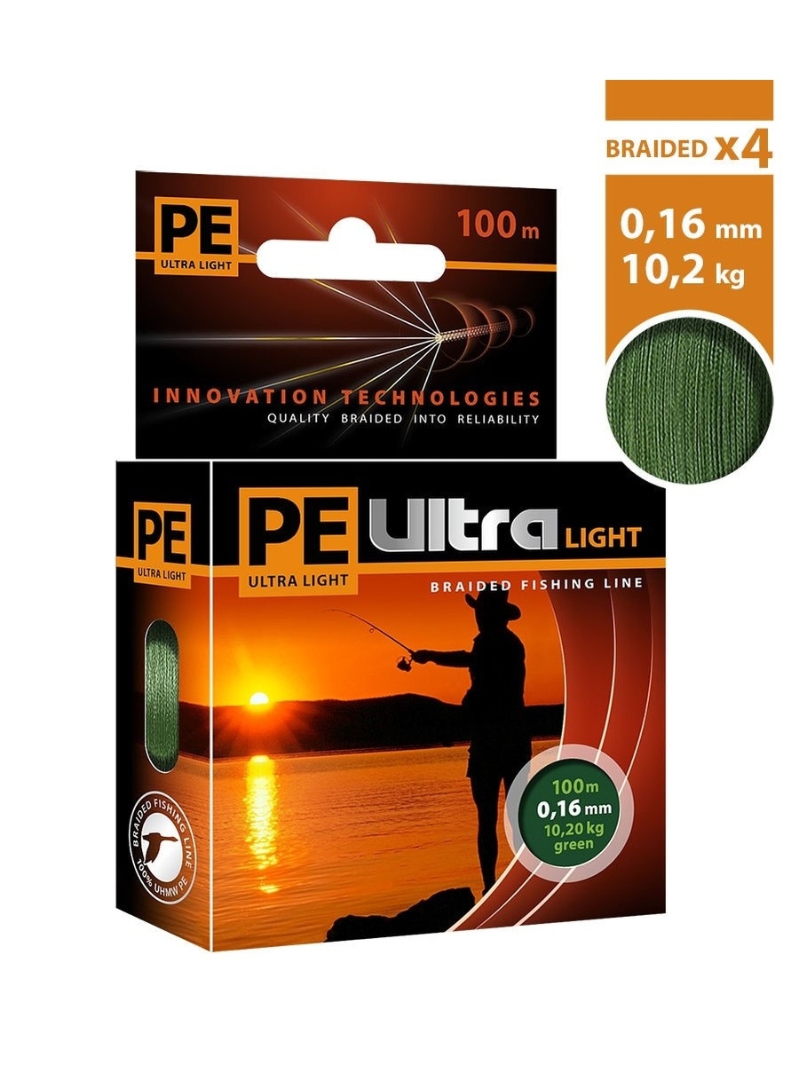 

Леска плетеная Aqua PE Ultra Light 0,16 мм, 100 м, 10,2 кг, dark green, 3 шт., PE Ultra Light