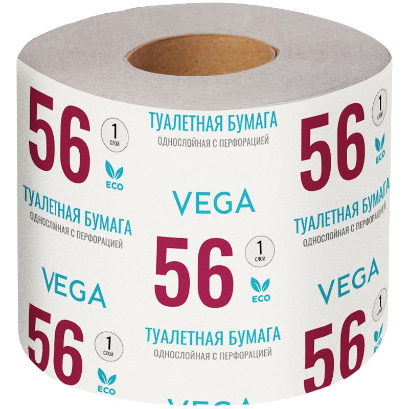 Бумага туалетная Vega, 1-слойная, 56м/рул., на втулке, с перф., серая, (48шт.)