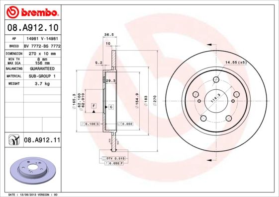 

08.A912.10 диск тормозной задний Toyota Auris 1.4/1.6/2.0 D-4D/2.2D 07>