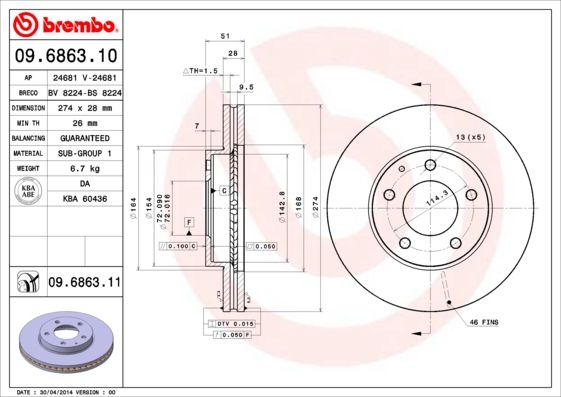 

Диск тормозной передний 274mm вентилируемый окрашенный