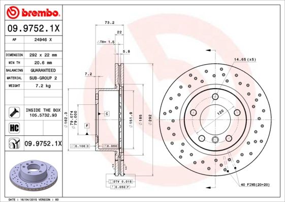 

Диск тормозной передний 292mm вентилируемый Brembo Xtra перфорированный