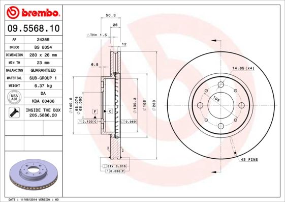 

Диск тормозной передний 280mm вентилируемый