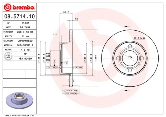 Тормозной диск brembo задний для Volkswagen Multivan V 03-, Transporter V 03- 09.9582.1