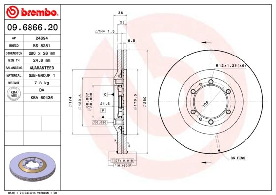 

Диск тормозной 09.6866.20 brembo 09686620, Диск тормозной 09.6866.20 brembo 09686620 brembo 09686620