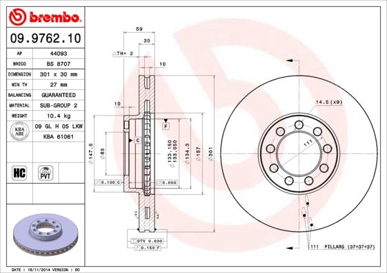 

Диск тормозной передний 301mm PVT