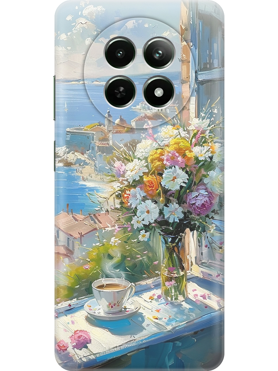 

Силиконовый чехол на Realme 12 5g с принтом "Букет цветов и кофе", Прозрачный;белый;голубой, 783982622