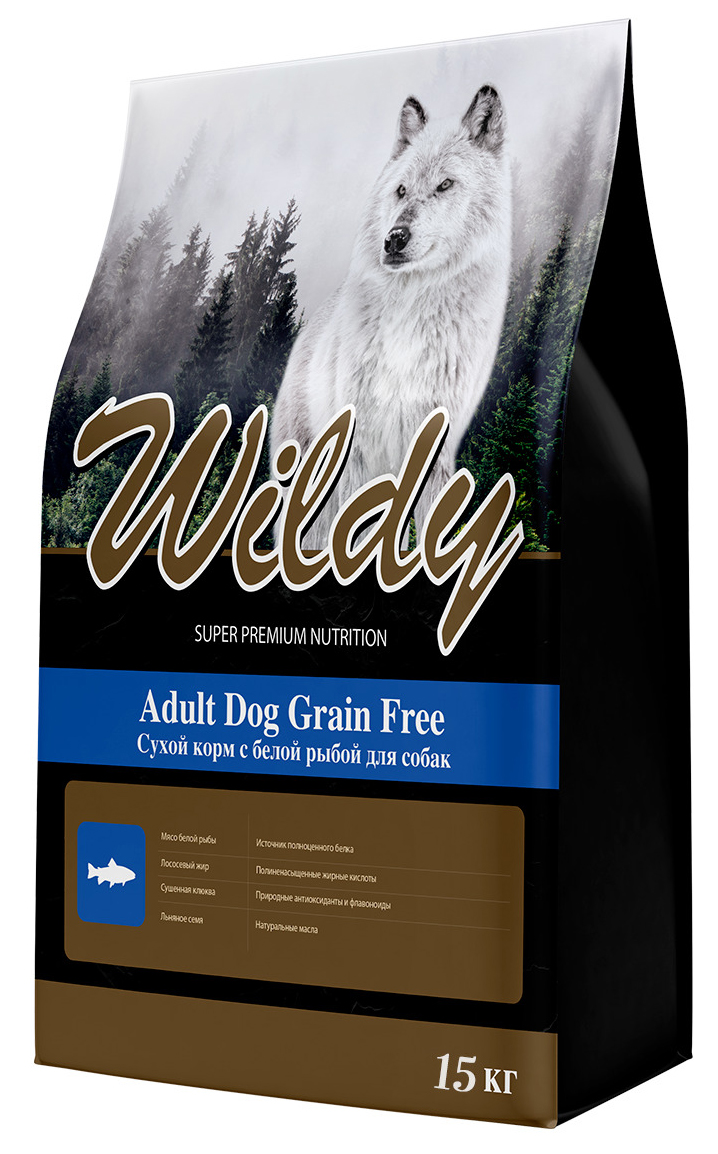 фото Сухой корм для взрослых собак wildy adult dog grain free белая рыба, 15 кг