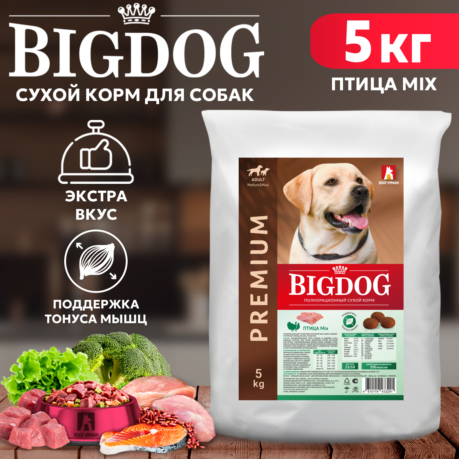 Сухой корм для собак BIG DOG, для взрослых, средних и крупных пород, птица MIX, 5 кг
