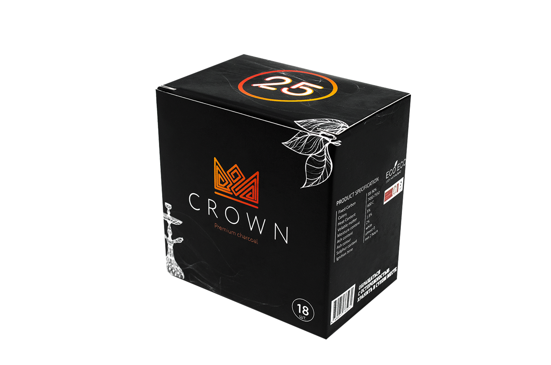 Уголь для кальяна кокосовый CROWN 0,25кг, 18 шт, 25mm