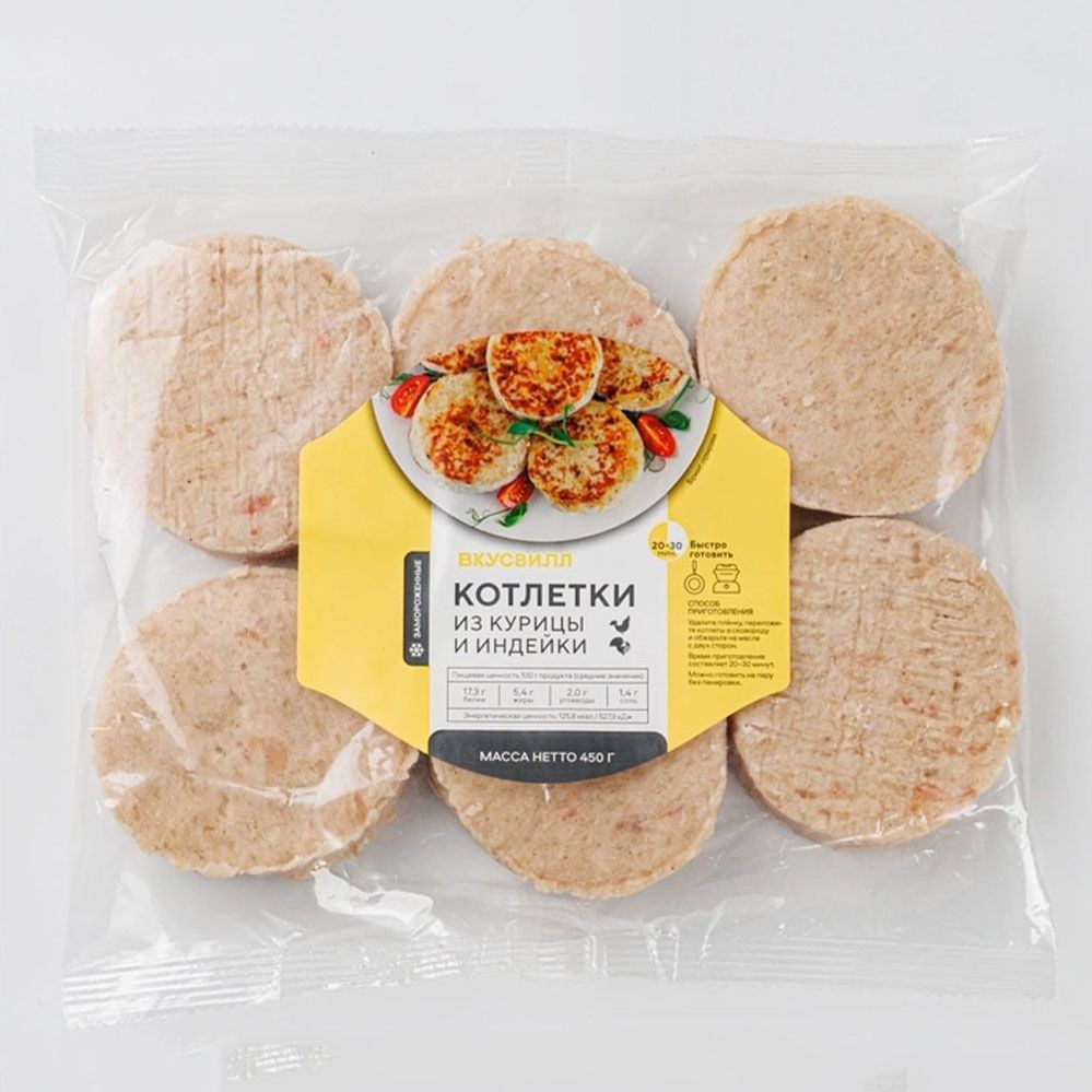 

Котлетки из курицы и индейки ВкусВилл замороженные 450 г