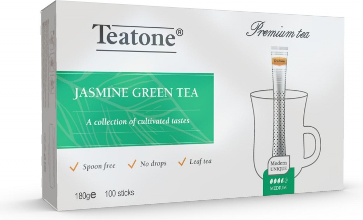 Чай TEATONE зеленый с ароматом жасмина в металл. стике, 100 шт./уп