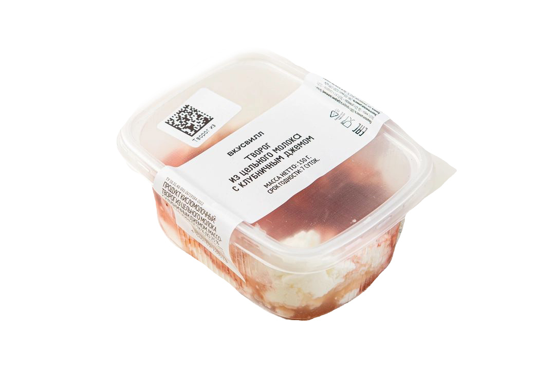 

Творог ВкусВилл из цельного молока с клубничным джемом 150 г