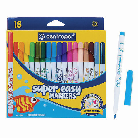 

Фломастеры 18 ЦВЕТОВ CENTROPEN Super Easy, смываемые, вентилируемый колпачок, 2580/18KK, Бирюзовый;бордовый;желтый;зеленый