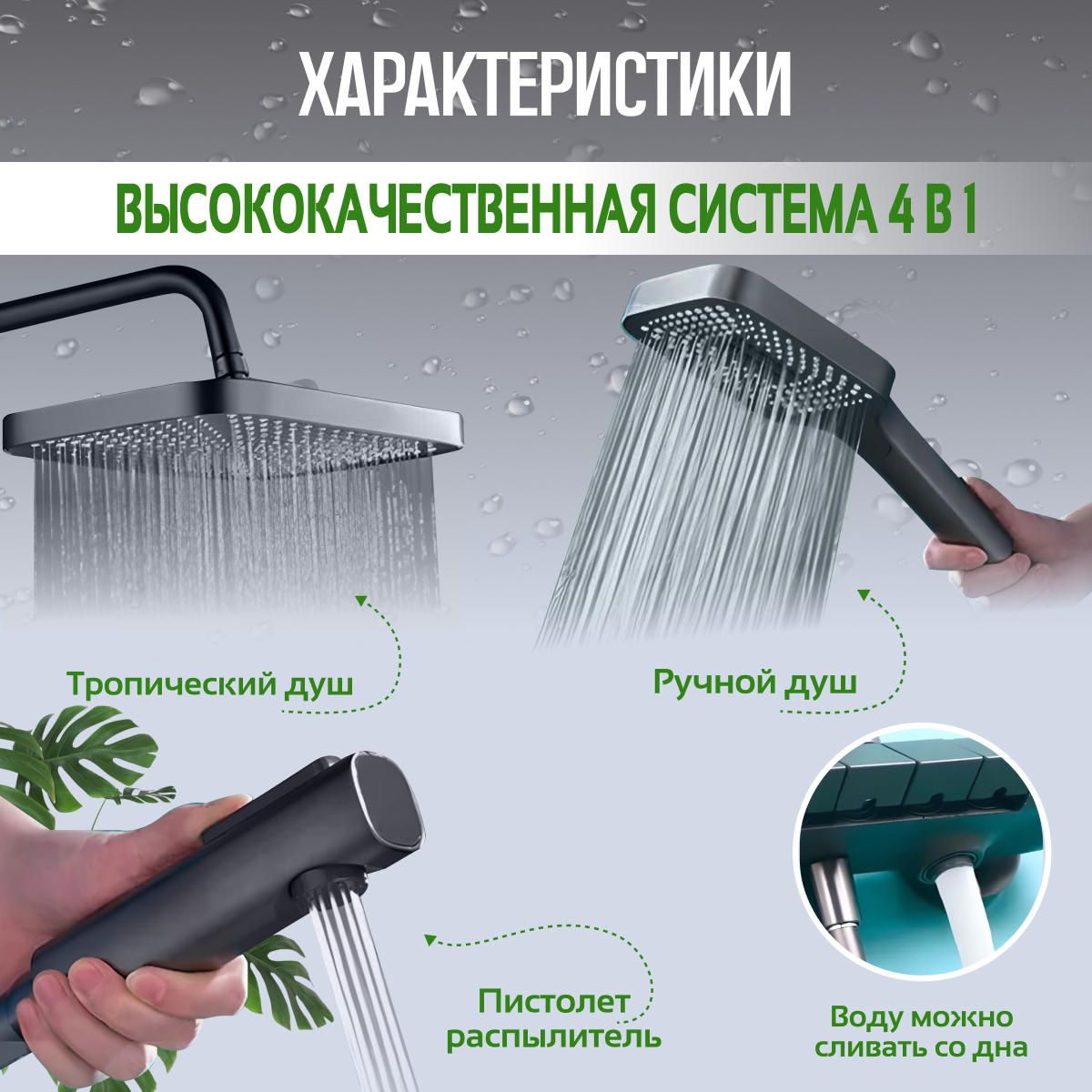 Душевой гарнитур Buxibo с тропическим душем