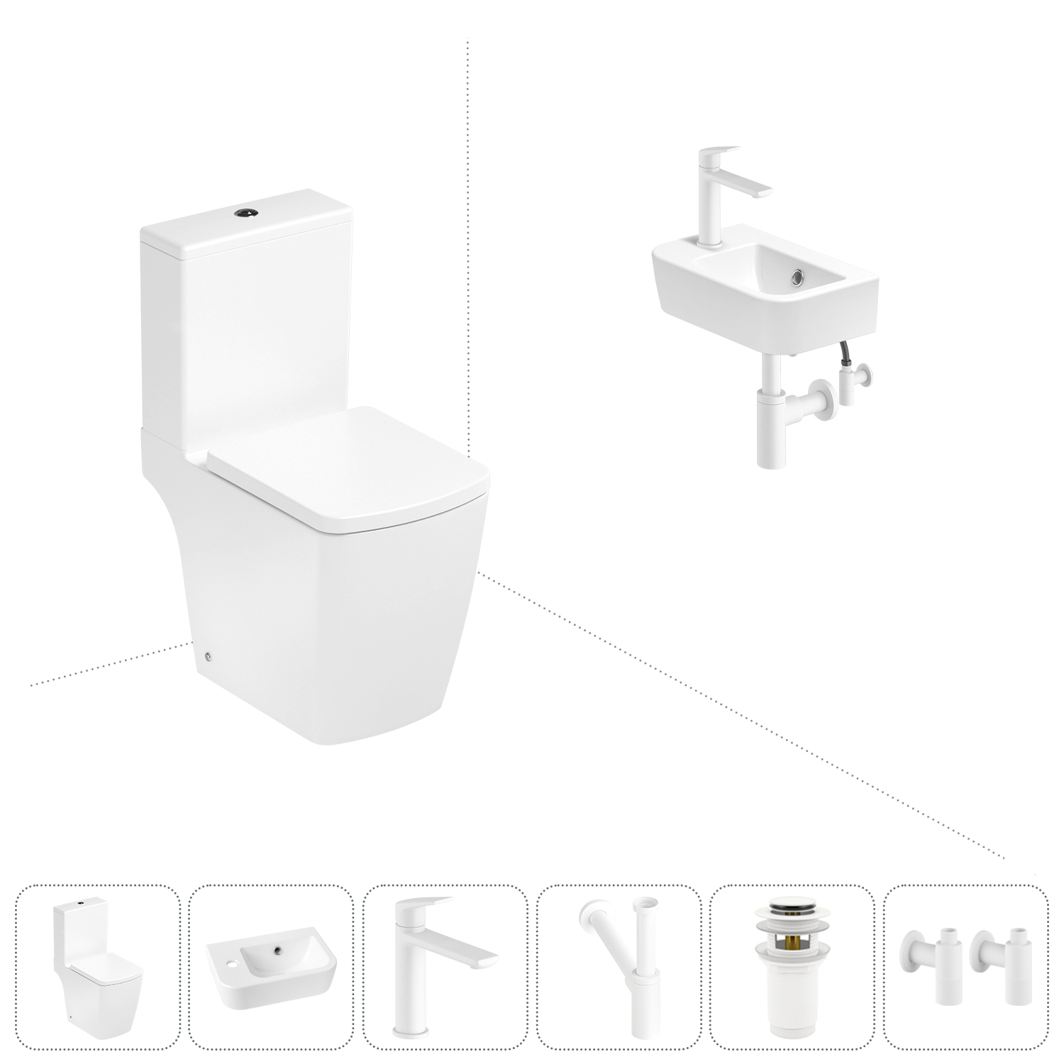 

Безободковый напольный унитаз Lavinia Boho Aveo Compacto Rimless 202008649 в наборе 6 в 1, Белый, Набор для туалета_Aveo_3306202R_левсторонняя раковина_ 6 в 1