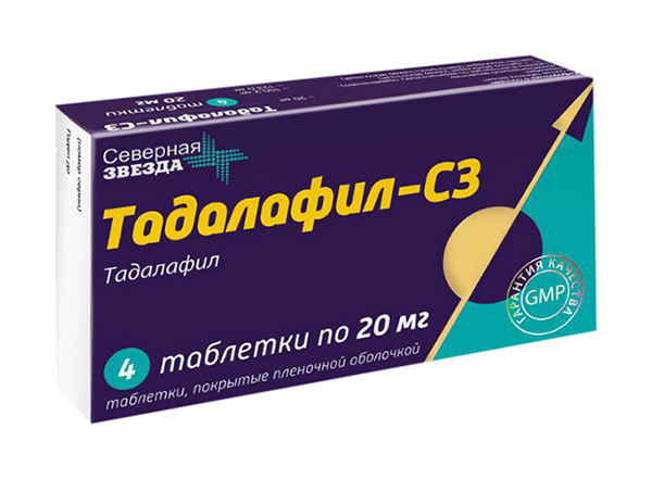 Купить Тадалафил-СЗ таблетки, покрытые пленочной оболочкой 20 мг №4, Северная Звезда